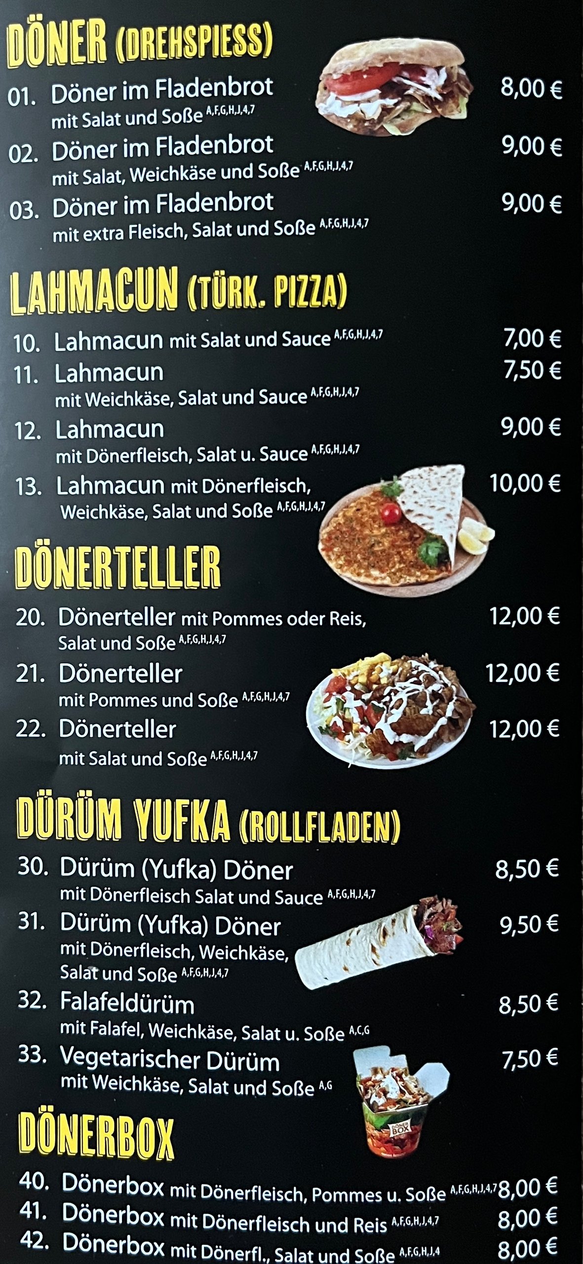 Speisekarte 1: Döner, Lahmacun, Dönerteller, Dürüm Yufka, Dönerbox