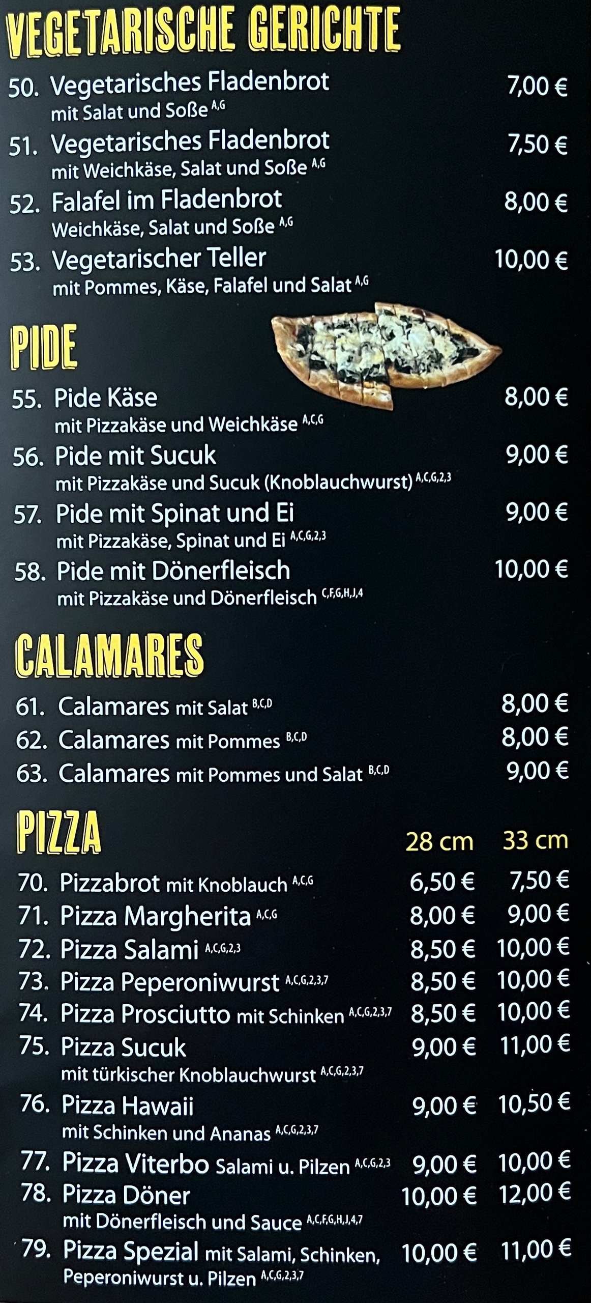 Speisekarte 2: Vegetarisch, Pide, Calamares, Pizza 28/33 cm