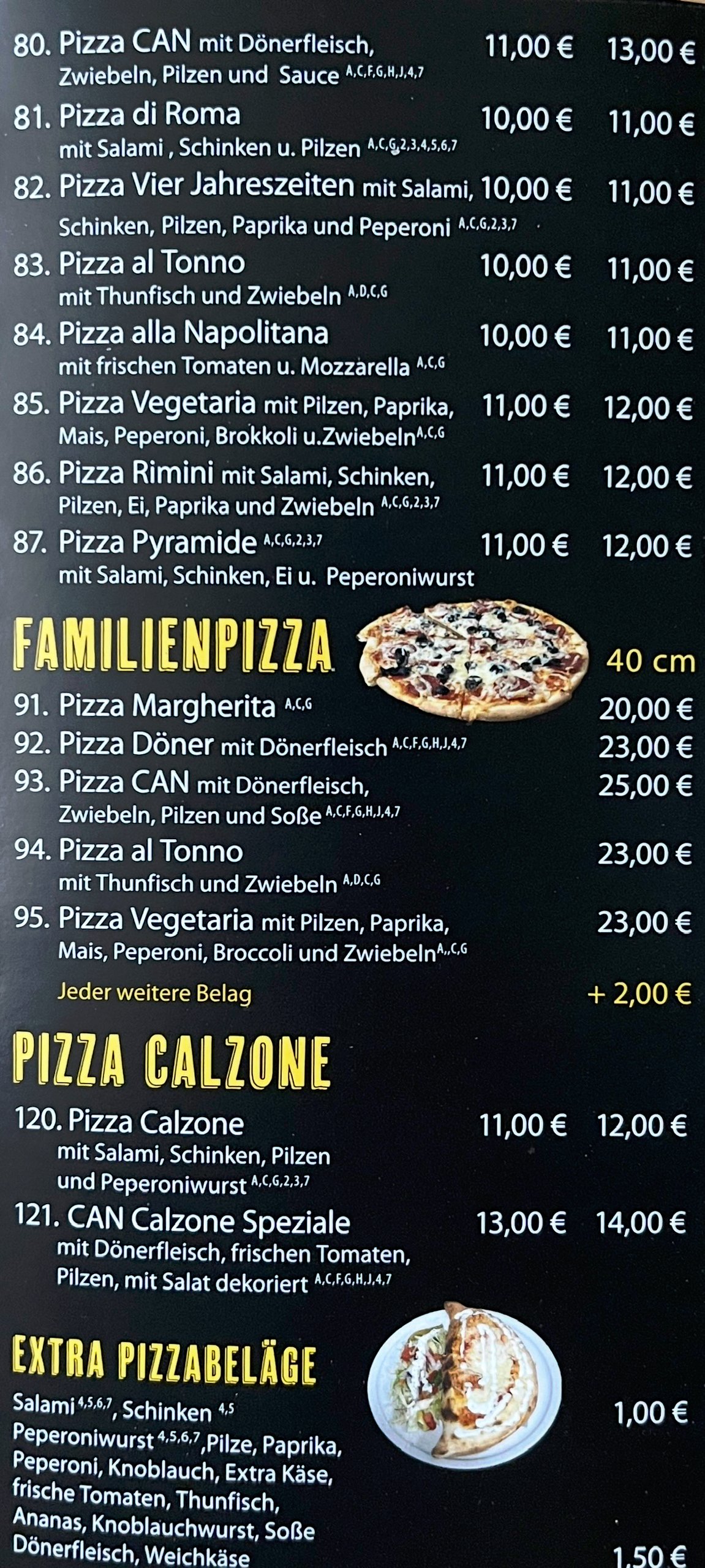 Speisekarte 3: Pizza-Spezialitäten, Familienpizza 40 cm, Calzone