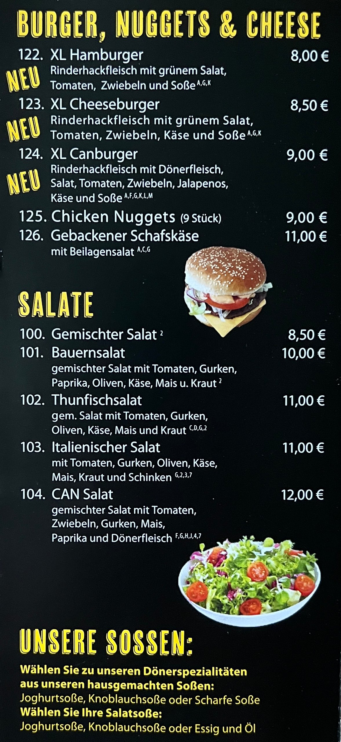 Speisekarte 4: XL Burger, Chicken Nuggets, Schafskäse, Salate
