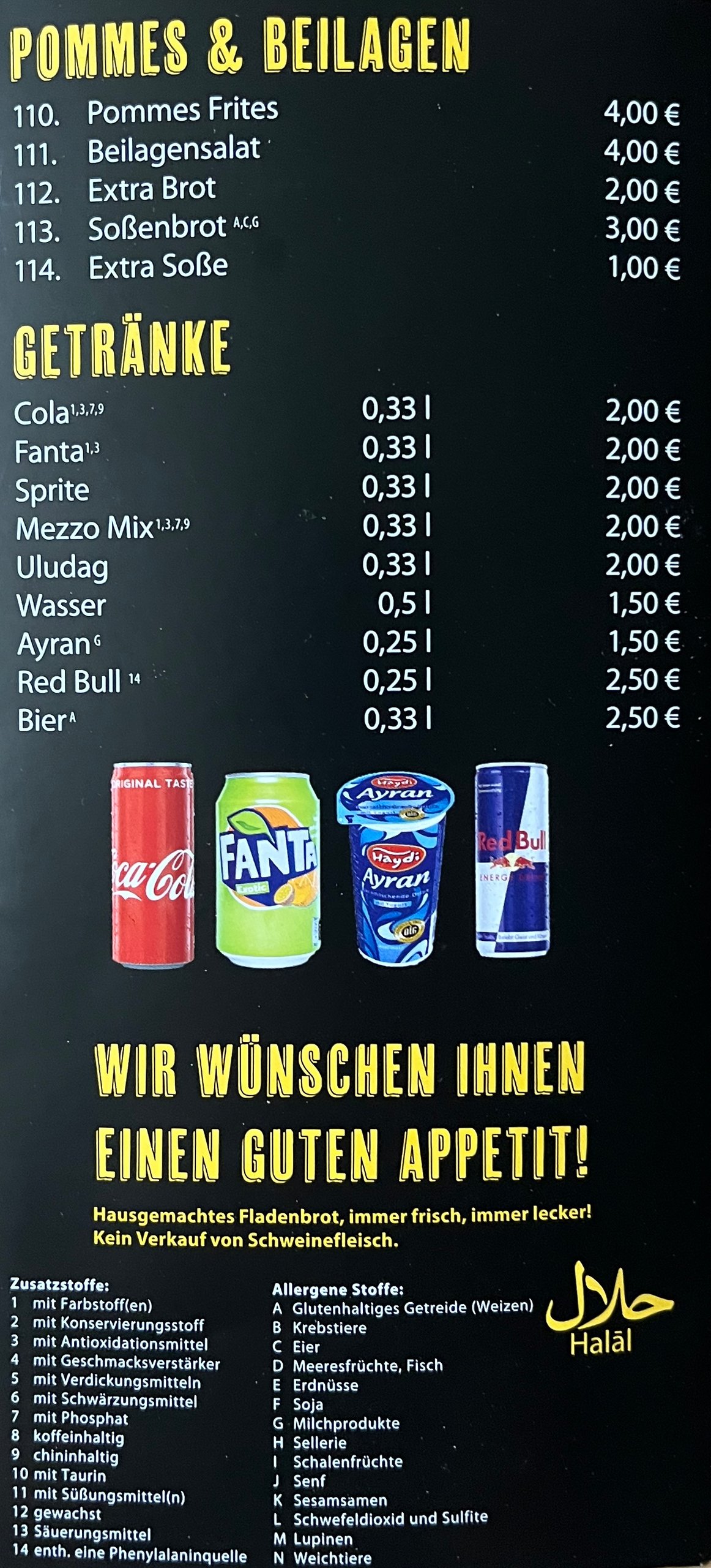 Speisekarte 5: Pommes, Beilagen, Getränke, Halal-Hinweis